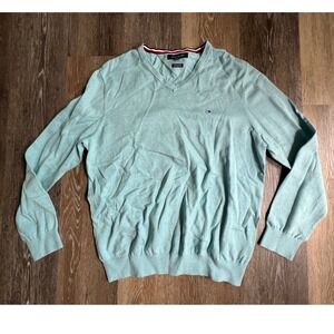 Tommy Hilfiger Sweater Mens Large Green V-Neck Premium Cotton Prestige Logo